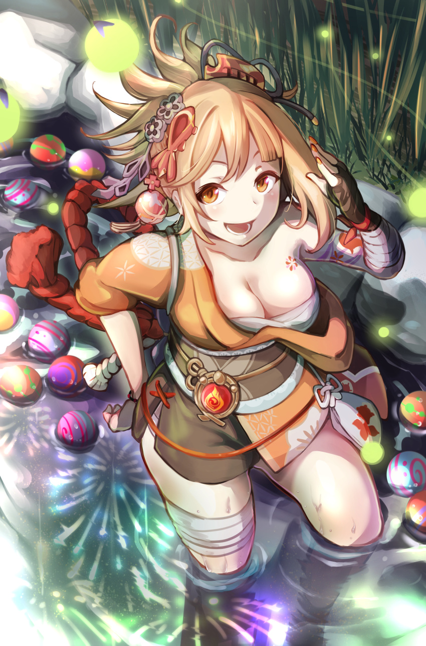 1girl :d absurdres arm_tattoo asymmetrical_gloves ball bangs breasts chest_tattoo cleavage collarbone commentary_request fireworks from_above genshin_impact gloves hadanugi_dousa hair_between_eyes hair_ornament hand_on_hip highres in_water japanese_clothes long_hair long_sleeves looking_at_viewer looking_up mismatched_gloves obi obiage ponytail pouch reflection rope sarashi sash senkou_hanabi shimenawa sidelocks smile solo sparkler tattoo vision_(genshin_impact) watoboshi yoimiya_(genshin_impact)