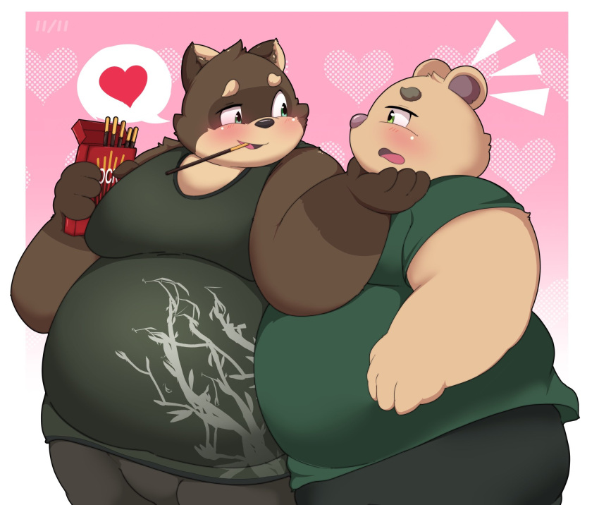 &lt;3 2022 anthro belly big_belly blush bottomwear brown_body canid canine clothing duo food hi_res inigo_(kusosensei) kemono kusosensei male male/male mammal obese obese_male overweight overweight_male pants pocky raccoon_dog shirt shoutaro tanuki topwear ursid