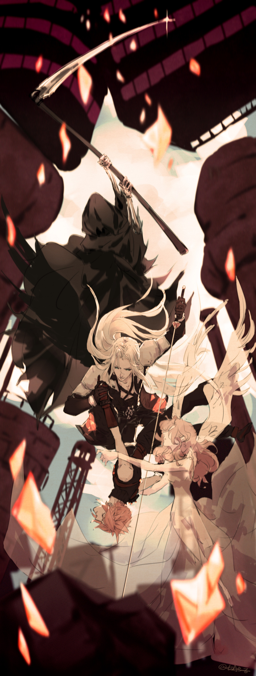 1girl 1other 2boys absurdres aerith_gainsborough angel_wings aqua_eyes armor bangs bare_arms belt black_cloak black_jacket black_wings blonde_hair breasts brown_gloves brown_hair chest_strap cloak closed_eyes cloud_strife death_(entity) dress falling final_fantasy final_fantasy_vii final_fantasy_vii_remake gloves grey_hair grim_reaper hair_down highres holding holding_hands holding_scythe holding_sword holding_weapon hood hood_up hooded_cloak jacket kabe37 long_bangs long_dress long_hair long_sleeves looking_at_another masamune_(ff7) medium_breasts multiple_belts multiple_boys open_mouth parted_bangs scythe sephiroth shirt shoulder_armor single_bare_shoulder single_wing skeletal_hand sleeveless sleeveless_shirt slit_pupils smile spiked_hair straight_hair suspenders sword transparent wavy_hair weapon white_wings wings