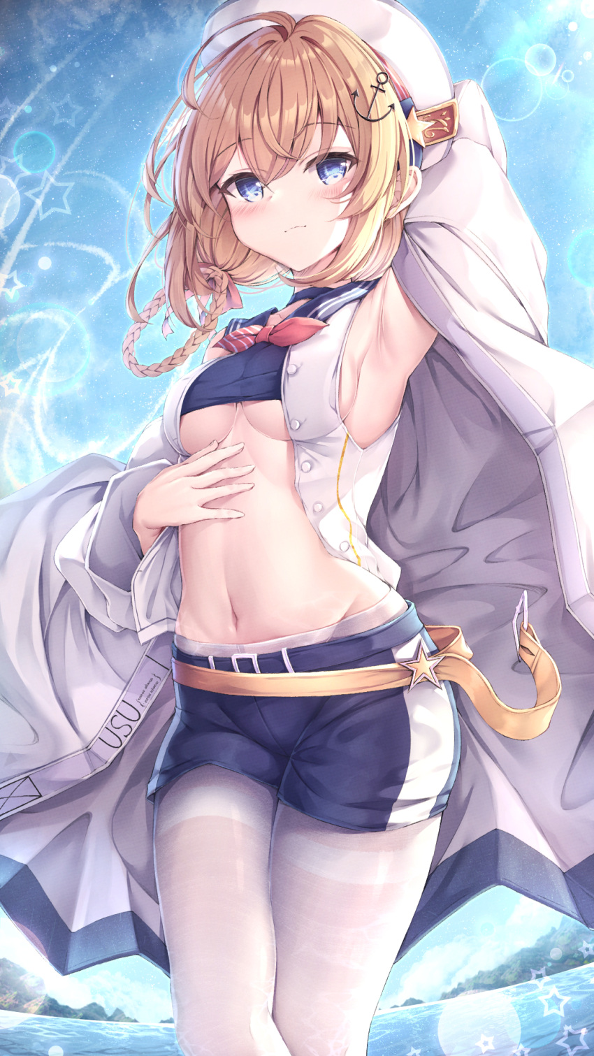 1girl anchor_hair_ornament armpits azur_lane bangs blonde_hair blue_eyes blue_shorts breasts chinese_commentary cloak closed_mouth hair_ornament highres horizon looking_at_viewer manman_manyou_haiyang_de_paomo navel ocean pantyhose shorts sidelocks sky small_breasts solo spread_legs standing stephen_potter_(azur_lane) stomach thighs underboob white_cloak white_headwear white_pantyhose