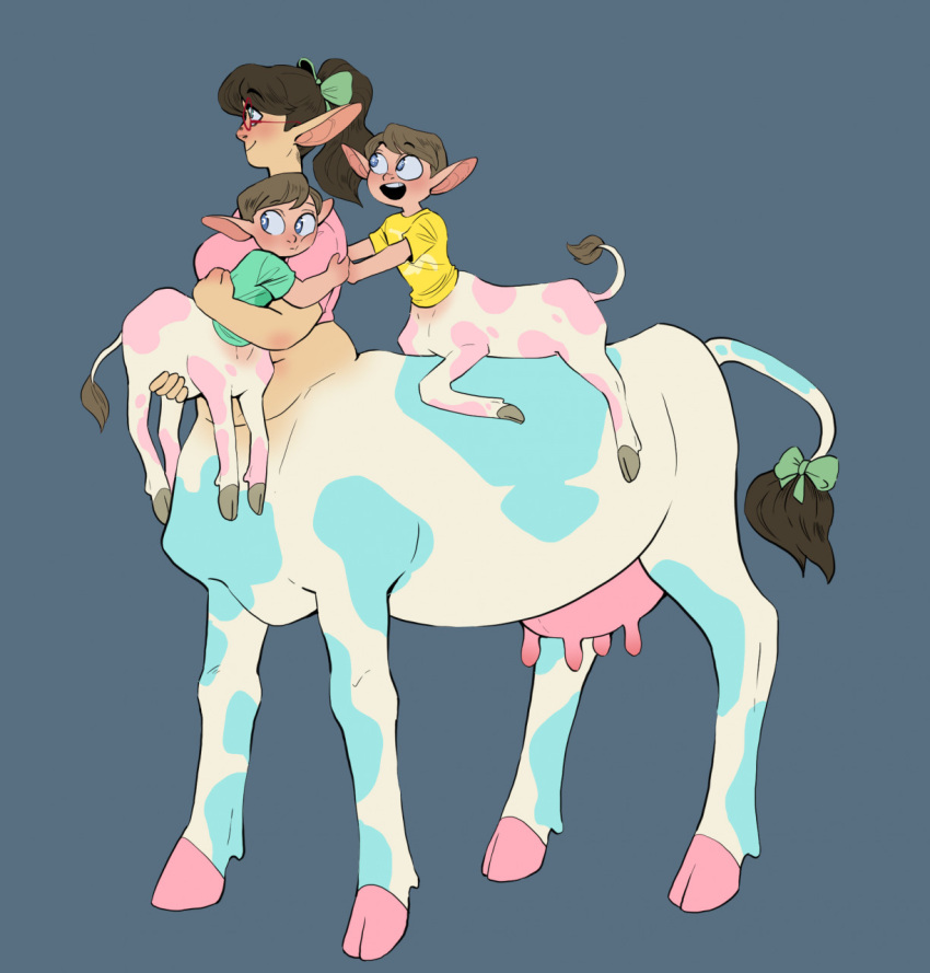 bovid bovine bow_ribbon cattle centaur chubby_female equid equid_taur female group hi_res hooves humanoid humanoid_taur mammal mammal_taur mother mother_and_child octorocktopus parent parent_and_child ribbons taur teats udders