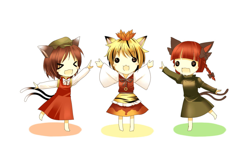 &gt;_&lt; 3girls :d \o/ animal_ears arms_up bangs barefoot blunt_bangs blush_stickers braid brown_hair cat_ears chen chibi full_body fumikiri_(dake_no_hito) highres kaenbyou_rin multiple_girls multiple_tails nekomata outstretched_arms red_hair smile standing standing_on_one_leg tail toramaru_shou touhou twin_braids two_tails