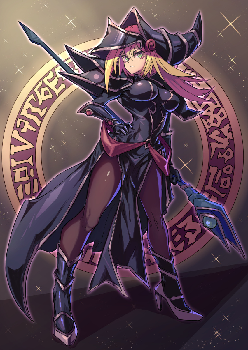 1girl blonde_hair boots breasts brown_pantyhose cosplay dark_magician dark_magician_(cosplay) dark_magician_girl duel_monster frown full_body hand_on_hip hat highres holding holding_staff knee_boots large_breasts looking_to_the_side pantyhose shouma_(bravespiritya) staff standing wizard_hat yu-gi-oh!