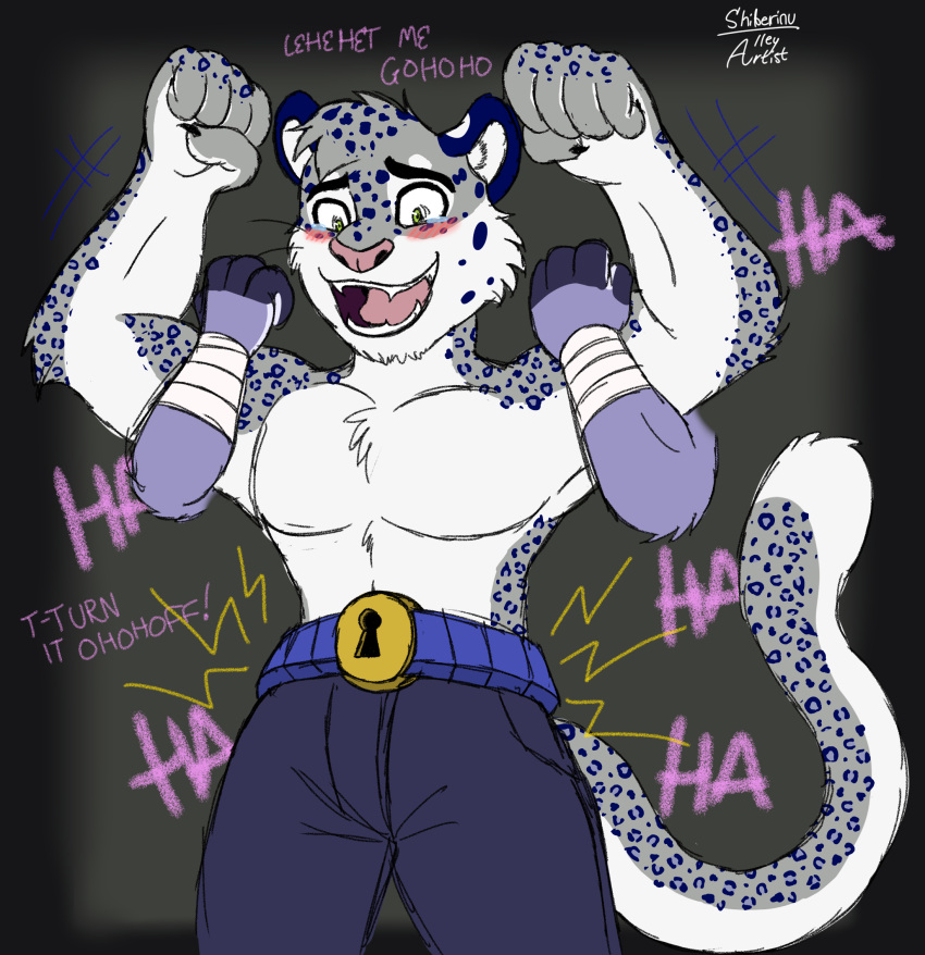 anthro belly_tickle felid hi_res laugh male male/male mammal nej_plumen pantherine shiberinu sketch snow_leopard solo teasing tickle_belt tickle_torture tickling