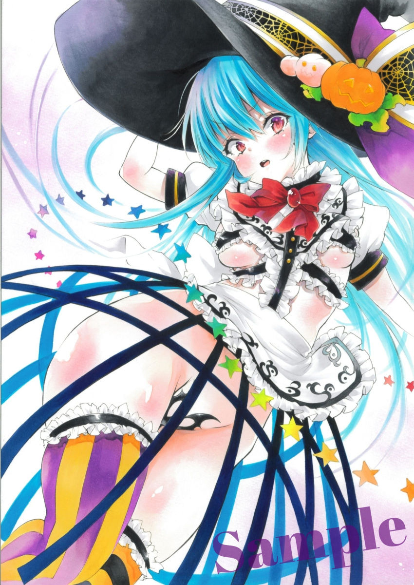1girl arim0k0 black_headwear blue_hair bow bowtie breasts food fruit halloween highres hinanawi_tenshi long_hair looking_at_viewer maebari medium_breasts open_mouth orange_theme peach pumpkin_hat_ornament purple_thighhighs rainbow_order red_bow red_bowtie red_eyes sample_watermark short_sleeves solo star_(symbol) striped striped_thighhighs thighhighs touhou traditional_media underboob