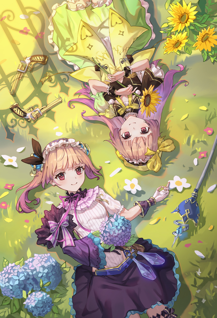 2girls absurdres al_guang atelier_(series) atelier_lydie_&amp;_suelle blush bow breasts detached_sleeves flower gloves gun hair_ornament hairband handgun highres hydrangea long_hair lydie_marlen multiple_girls open_mouth pink_eyes pink_hair short_hair siblings side_ponytail single_detached_sleeve sisters skirt small_breasts smile staff suelle_marlen sunflower thighhighs twins weapon