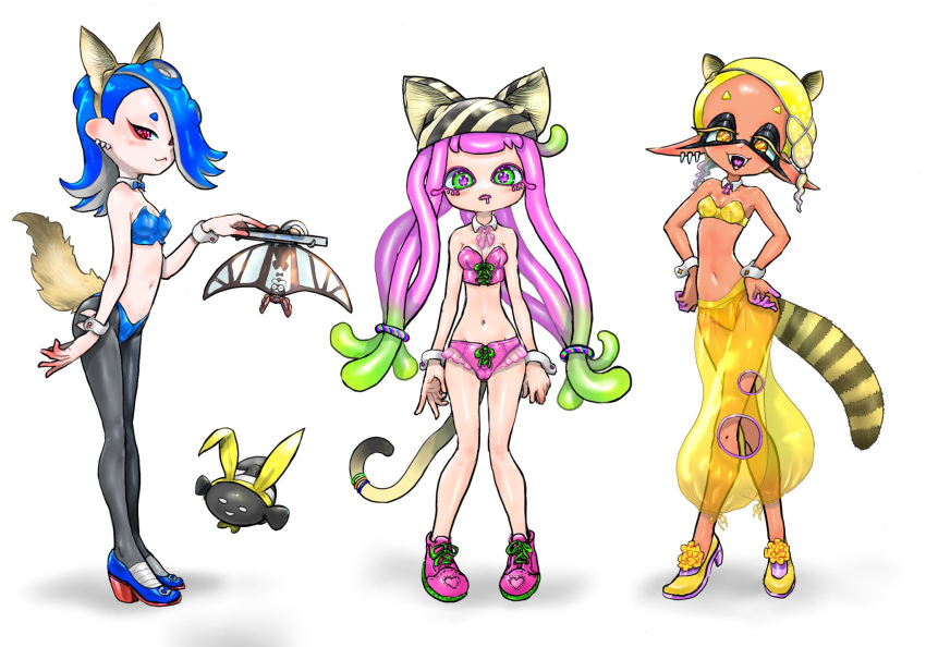 3girls :3 alternate_costume animal_ears arms_at_sides ass_visible_through_thighs bangs big_man_(splatoon) black_pantyhose blonde_hair blue_bow blue_bowtie blue_bra blue_footwear blue_panties blunt_bangs blush bow bow_panties bowtie bra breasts brown_hairband cat_ears cat_tail cephalopod_eyes cleavage closed_mouth clothing_cutout collarbone commentary_request cross-laced_footwear crossed_legs dark-skinned_female dark_skin detached_collar drooling earrings eyeliner fake_animal_ears fake_tail fangs folded_fan folding_fan forehead fox_ears fox_tail frilled_panties frills frye_(splatoon) full_body green_eyes green_hair groin hair_ornament hair_over_one_eye hair_tie hairband hand_fan hand_up hands_on_hips happy harmony's_clownfish_(splatoon) harmony_(splatoon) head_tilt heart high_heels highres holding holding_fan jewelry koharu2.5 light_blush long_hair looking_at_viewer makeup medium_hair mouth_drool multicolored_eyes multicolored_hair multiple_earrings multiple_girls navel neck_ribbon nontraditional_playboy_bunny one_eye_covered open_mouth panties pants pantyhose paper_fan pigeon-toed pink_bra pink_footwear pink_hair pink_panties pink_ribbon pointy_ears puffy_pants purple_eyes rabbit_ears raccoon_ears raccoon_tail red_eyeliner red_eyes ribbon see-through_pants shiny shiny_hair shiver_(splatoon) shoes sidelocks simple_background small_breasts smile sneakers splatoon_(series) splatoon_3 standing stomach strapless strapless_bra striped striped_headwear striped_tail suction_cups tail tail_ornament tail_ring teeth tentacle_hair tentacles tongue traditional_bowtie two-tone_hair underwear very_long_hair watson_cross white_background wrist_cuffs x_hair_ornament yellow_bow yellow_bowtie yellow_bra yellow_footwear yellow_hairband yellow_headwear yellow_panties yellow_pants