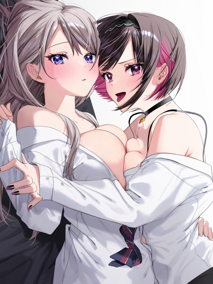 2girls asymmetrical_docking bangs bare_shoulders black_hair blush breast_press breasts brown_hair chigusa_minori cleavage highres large_breasts looking_at_viewer lying multiple_girls off_shoulder on_back on_person original parted_lips purple_eyes red_hair saotome_shino_(chigusa_minori) shirayuki_ren sidelocks simple_background swept_bangs tongue tongue_out white_background yuri