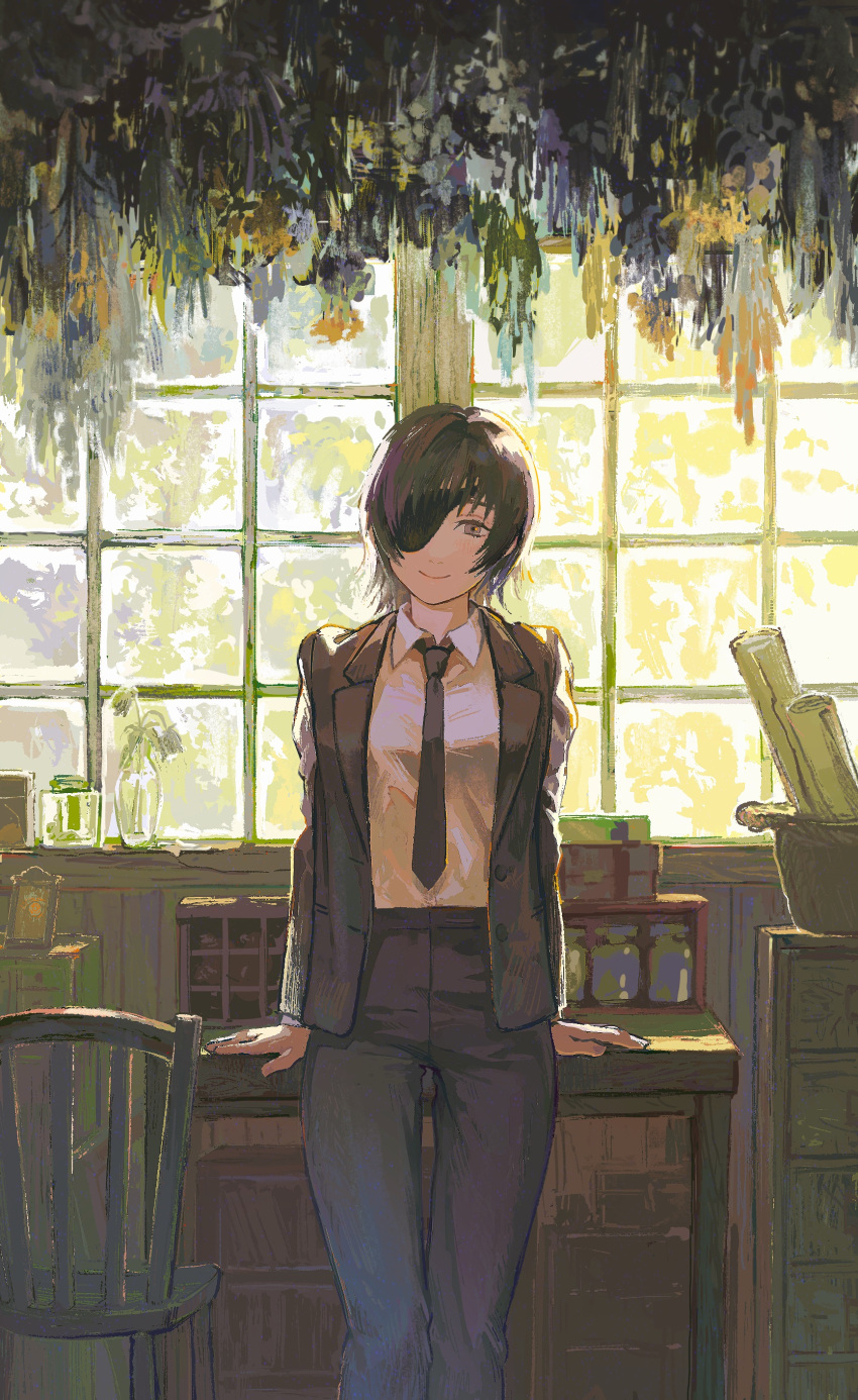 1girl absurdres arms_on_table black_hair black_jacket black_necktie black_pants breasts chainsaw_man chair desu eyepatch flower formal grass green_theme highres himeno_(chainsaw_man) jacket jar large_breasts looking_at_viewer mossan351 necktie pants paper rolled_up_paper short_hair smile solo suit table window