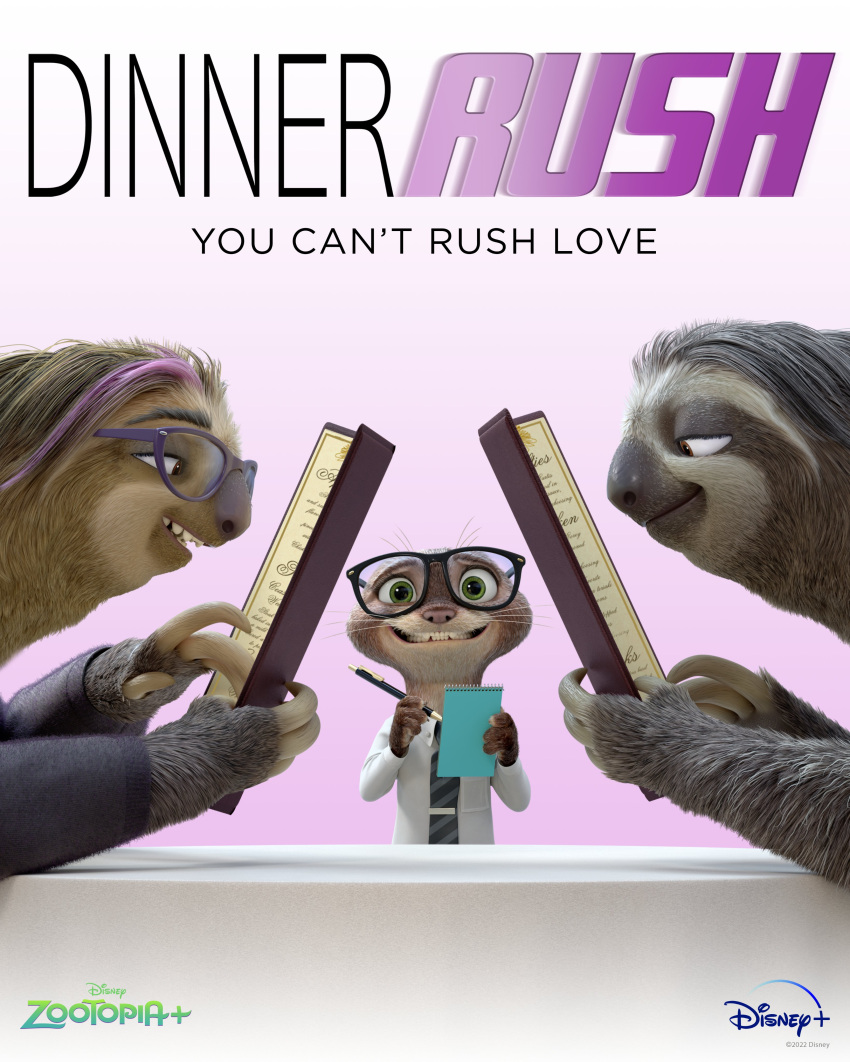 2022 3d_(artwork) absurd_res anthro cover digital_media_(artwork) disney english_text eyewear female flash_slothmore glasses group hi_res lutrine male mammal movie_poster mustelid official_art pilosan priscilla_tripletoe reading restaurant sam_(zootopia+) sloth text trio unknown_artist waiter xenarthran zootopia zootopia+