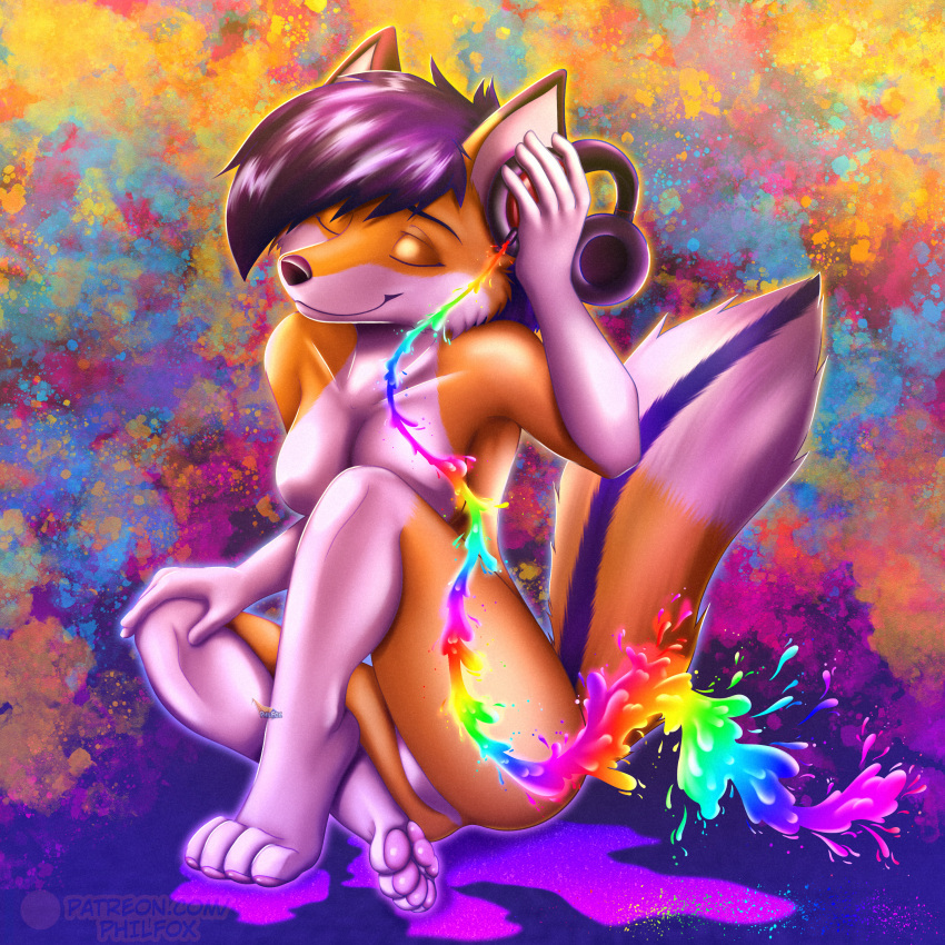 1:1 absurd_res anthro canid canine female fox hi_res mammal music nude paint pawpads paws philfox rainbow saff solo