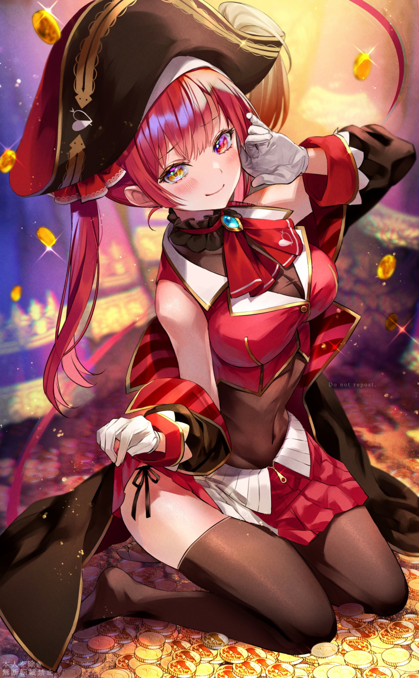 1girl absurdres arm_up arrow_through_heart ascot bangs bicorne black_headwear black_jacket blurry blurry_background blush breasts brown_leotard brown_thighhighs choker coin commentary_request covered_navel cropped_jacket frilled_choker frills gloves gold_coin gold_trim hair_ribbon hand_up hat heterochromia highres hololive houshou_marine jacket kneeling large_breasts leaning_to_the_side legs lens_flare leotard leotard_under_clothes long_hair long_sleeves looking_at_viewer navel no_shoes panties partially_unzipped pirate_hat red_ascot red_eyes red_hair red_jacket red_ribbon ribbon san_mokmok05 side-tie_panties sidelocks sleeveless sleeveless_jacket solo thighhighs thighs treasure twintails underwear virtual_youtuber white_gloves yellow_eyes