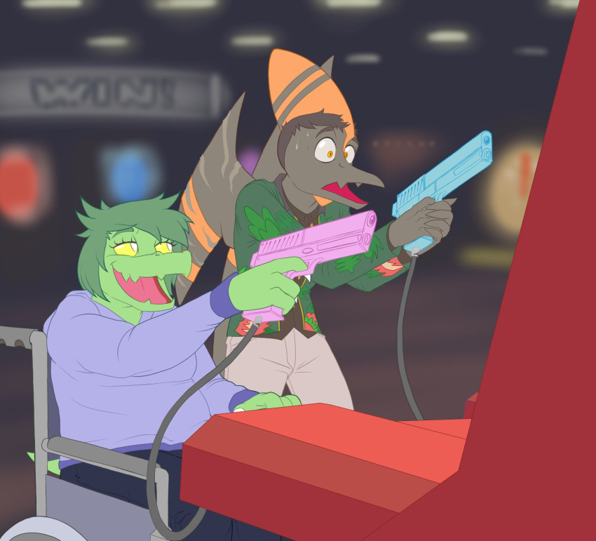 alligator alligatorid anthro arcade arcade_machine chubby_female clothed clothing crocodilian dinosaur duo female goodbye_volcano_high green_body green_hair grey_body grey_skin gun hair handgun hi_res hoodie humanoid long_snout male naser_(gvh) olivia_(snoot_game) open_mouth protonmono pterodactylus pterosaur ranged_weapon reptile scalie scar short_hair slightly_chubby snoot_game_(fan_game) snout topwear video_games weapon wheelchair wings yellow_eyes yellow_sclera