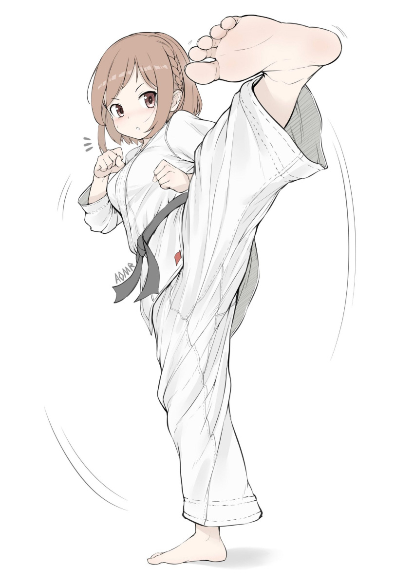 1girl aomoro bangs barefoot blush braid breasts brown_eyes brown_hair commentary feet fighting_stance foreshortening full_body hands_up high_kick highres kicking long_sleeves looking_at_viewer martial_arts martial_arts_belt medium_breasts medium_hair motion_lines original pants shirt sidelocks signature simple_background soles solo standing standing_on_one_leg swept_bangs symbol-only_commentary toenails toes white_background white_pants white_shirt