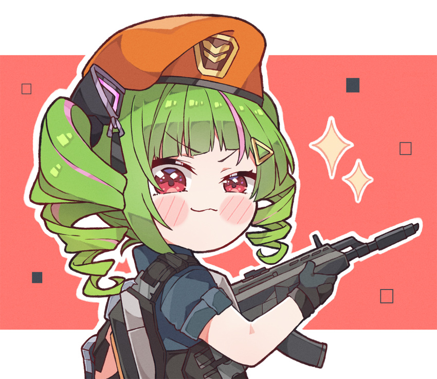 1girl animal_ears blush_stickers cat_ears commentary delutaya drill_hair english_commentary fake_animal_ears green_hair gun hair_ornament hairclip holding holding_weapon indie_virtual_youtuber kukie-nyan looking_at_viewer rabbit_ears rifle smirk smug solo triangle_hair_ornament twin_drills twintails valorant virtual_youtuber weapon