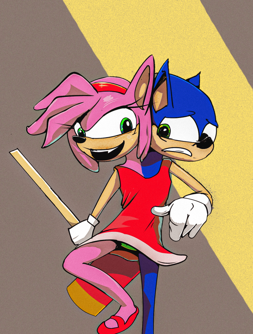 amy_rose anthro blue_body blue_fur clothing conjoined dress duo eulipotyphlan female fur fusion hammer hedgehog hi_res looking_at_another male male/female mammal merging multi_head nerdawaykid red_clothing sega sonic_the_hedgehog sonic_the_hedgehog_(series) tools underwear