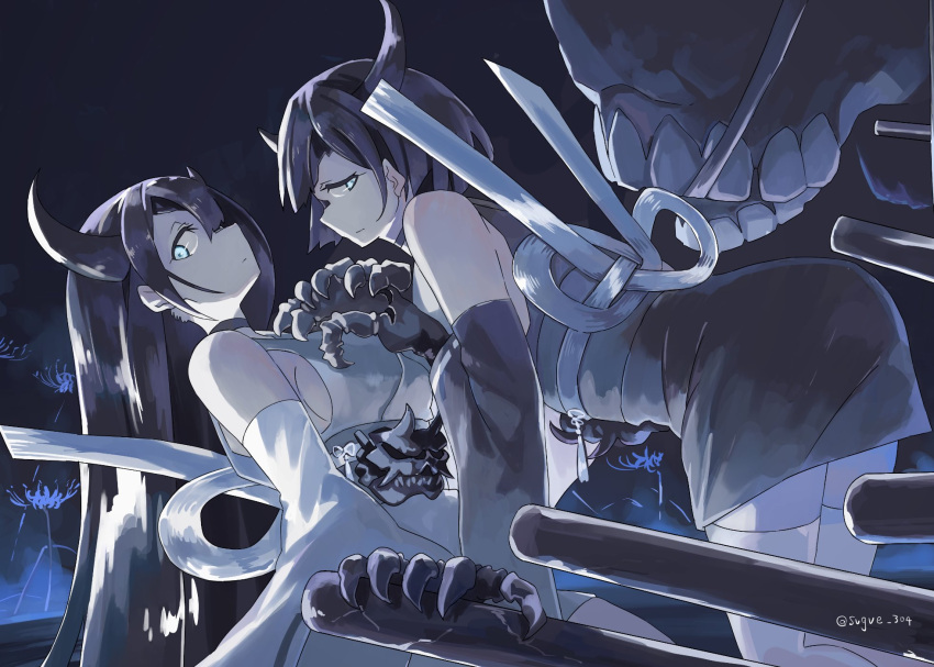 2girls abyssal_ship bare_shoulders black_hair black_horns black_sleeves blue_eyes blue_flower breasts closed_mouth colored_skin detached_sleeves flower highres horns kantai_collection large_breasts long_hair multiple_girls night_strait_princess_(black) night_strait_princess_(white) pale_skin short_hair sugue_tettou thighhighs twitter_username white_skin white_sleeves white_thighhighs wide_sleeves