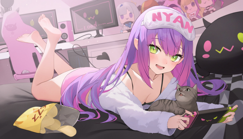 1girl barefoot blush breasts casual cat chips_(food) cleavage demon_girl demon_tail ear_piercing eye_mask feet feet_up food gradient_hair green_eyes highres hololive indoors jmao kotaro_(tokoyami_towa) legs long_hair looking_at_viewer lying multicolored_hair on_stomach open_mouth piercing playing_games purple_hair romaji_text smile soles tail the_pose toes tokoyami_towa very_long_hair virtual_youtuber