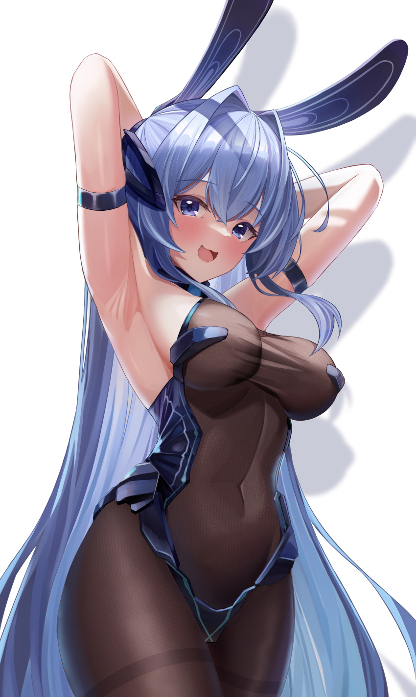 1girl absurdres andamiro animal_ears arm_strap armpits arms_behind_head arms_up azur_lane bare_arms bare_shoulders black_bodysuit black_leotard blue_eyes blue_hair blush bodystocking bodysuit breasts covered_navel cowboy_shot fake_animal_ears hair_intakes highres large_breasts leotard long_hair looking_at_viewer new_jersey_(azur_lane) new_jersey_(exhilarating_steps!)_(azur_lane) official_alternate_costume open_mouth pantyhose playboy_bunny rabbit_ears simple_background thighband_pantyhose thighs very_long_hair white_background