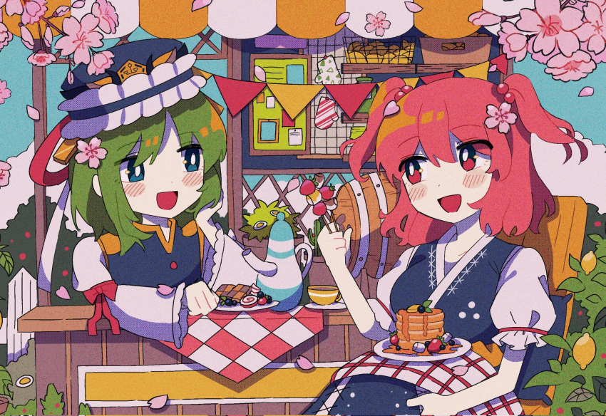 2girls :d balance_scale blue_eyes blue_headwear blue_sky bright_pupils cherry_blossoms flower food frilled_hat frills fruit green_hair hair_bobbles hair_ornament hat highres juliet_sleeves lemon long_sleeves looking_at_another mittens multiple_girls onozuka_komachi open_mouth outdoors pancake pink_flower puffy_sleeves rbfnrbf_(mandarin) red_eyes red_hair shiki_eiki short_sleeves sitting sky smile table teapot touhou two_side_up weighing_scale white_pupils