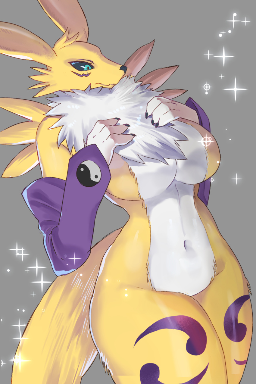 2022 anthro bandai_namco breasts canid canine digimon digimon_(species) digital_media_(artwork) featureless_breasts female female_anthro fluffy fur hi_res kemono mammal navel nude passionpit777 portrait renamon solo three-quarter_portrait white_body white_fur yellow_body yellow_fur