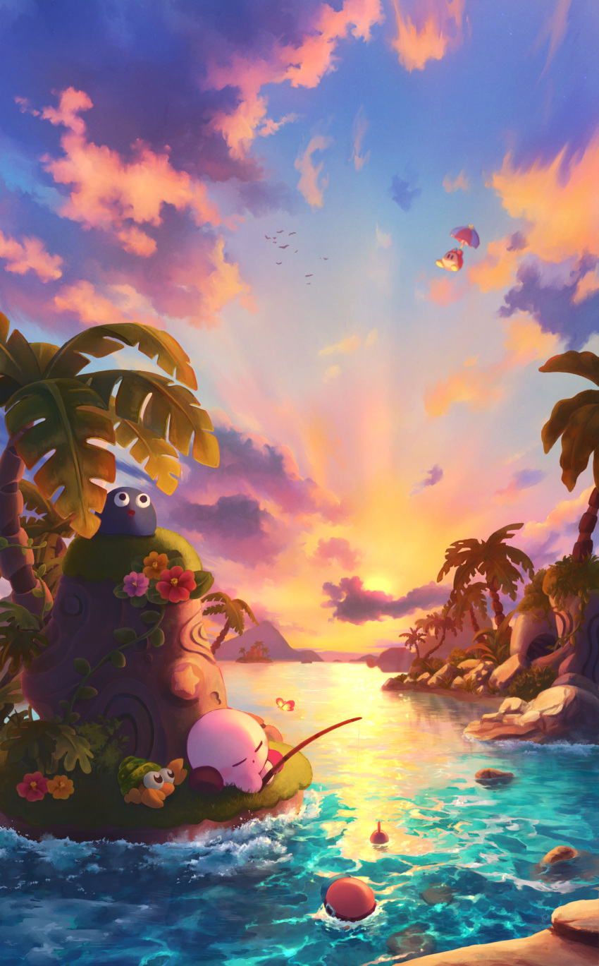 absurdres amedama_(akaki_4207) bug butterfly cloud crab fishing fishing_rod gooey_(kirby) highres island kirby kirby_(series) mountain ocean palm_tree parasol sleeping sunset tree umbrella waddle_dee