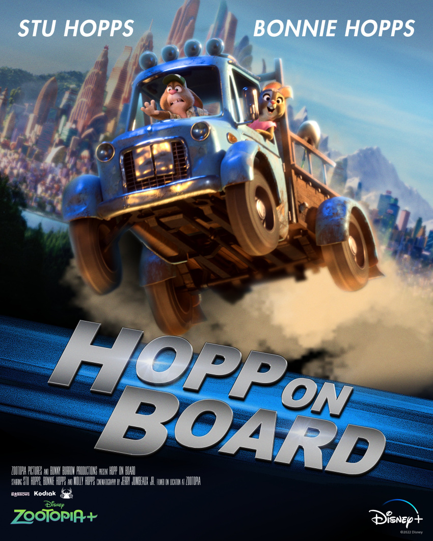 2022 3d_(artwork) absurd_res anthro bonnie_hopps city cover detailed_background digital_media_(artwork) disney driving duo english_text female hi_res lagomorph leporid looking_at_viewer male mammal mature_female mature_male movie_poster official_art rabbit scared smile stu_hopps text truck unknown_artist vehicle zootopia zootopia+
