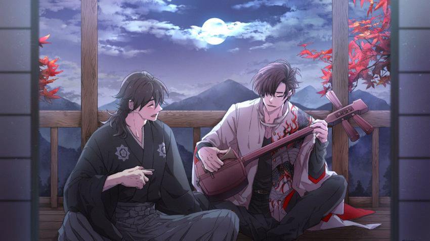 2boys :d ^_^ autumn_leaves balcony black_hair black_kimono black_pants black_shirt closed_eyes cloud cup dragon_print facing_another fate/grand_order fate_(series) feet_out_of_frame full_moon grey_hakama hair_between_eyes hair_over_one_eye hakama holding holding_cup indian_style instrument jacket japanese_clothes kimono leaf long_hair low_ponytail male_focus maple_leaf masaki_(star8moon) moon mountain multiple_boys music night pants parted_lips playing_instrument red_hair sakamoto_clan_(emblem) sakamoto_ryouma_(fate) sakamoto_ryouma_(lancer)_(fate) shamisen shirt short_hair shouji sitting sliding_doors smile takasugi_shinsaku_(fate) white_jacket wooden_floor