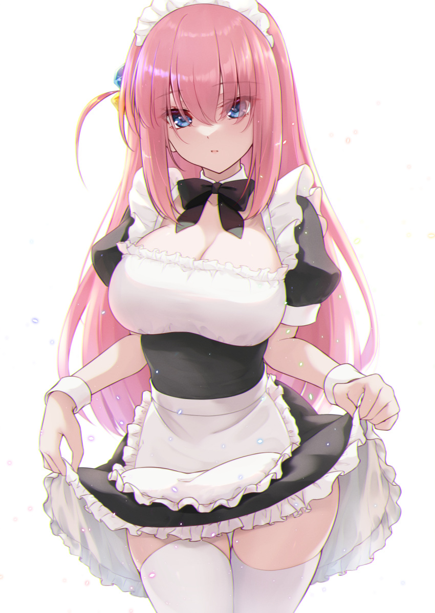 1girl alternate_costume bangs black_bow black_bowtie black_skirt blue_eyes bocchi_the_rock! bow bowtie breasts cleavage clothes_lift commentary_request enmaided gotou_hitori hair_between_eyes hair_ornament highres large_breasts lifted_by_self long_hair looking_at_viewer maid maid_headdress pink_hair puffy_short_sleeves puffy_sleeves short_sleeves simple_background skirt skirt_lift solo thighhighs thighs tohoho_(hoshinoyami) white_background white_thighhighs zettai_ryouiki