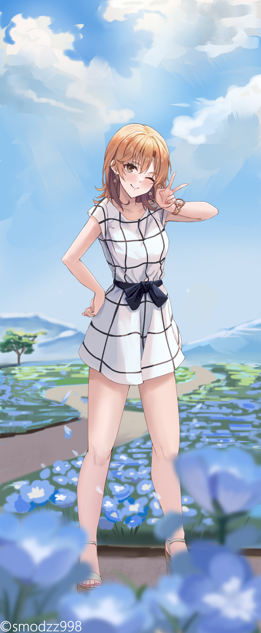 1girl ;) absurdres bangs blue_sky brown_eyes brown_hair casual closed_mouth cloud commentary day dress earrings full_body hand_on_hip highres isshiki_iroha jewelry loli_hooker looking_at_viewer medium_hair mountainous_horizon one_eye_closed outdoors short_sleeves sky smile solo standing tree v white_dress yahari_ore_no_seishun_lovecome_wa_machigatteiru.