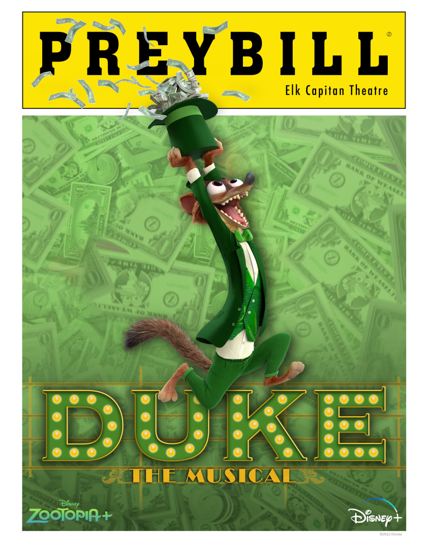 2022 3d_(artwork) absurd_res anthro clothed clothing cover digital_media_(artwork) disney duke_weaselton english_text fully_clothed green_clothing hat headgear headwear hi_res holding_object male mammal money movie_poster mustela mustelid musteline official_art open_mouth smile solo suit text top_hat true_musteline unknown_artist zootopia zootopia+