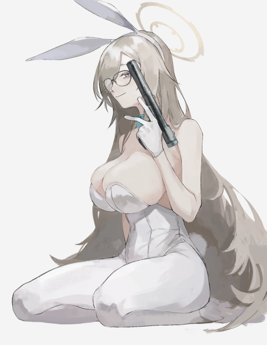 1girl akane_(blue_archive) akane_(bunny)_(blue_archive) animal_ears blue_archive breasts brown_eyes detached_collar glasses halo highres kawatiw large_breasts leotard long_hair official_alternate_costume pantyhose playboy_bunny rabbit_ears rabbit_tail sideboob smile solo tail trigger_discipline welrod_mk2 white_leotard white_pantyhose wrist_cuffs