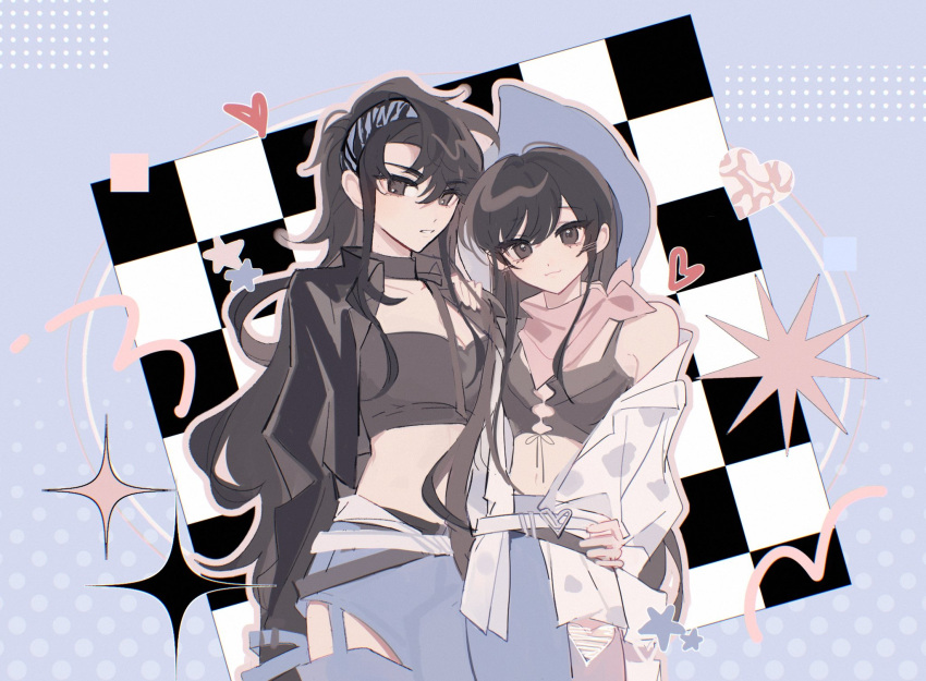 2girls bangs black_eyes black_hair black_jacket blue_background blue_skirt blush breasts cleavage closed_mouth collarbone commentary genderswap genderswap_(mtf) hair_between_eyes hand_on_hip heart highres hip_vent jacket kim_dokja long_hair long_sleeves looking_at_viewer midriff multiple_girls navel neckerchief omniscient_reader's_viewpoint open_clothes open_jacket parted_lips pink_neckerchief single_bare_shoulder skirt smile standing star_(symbol) symbol-only_commentary ya_qaq yoo_joonghyuk