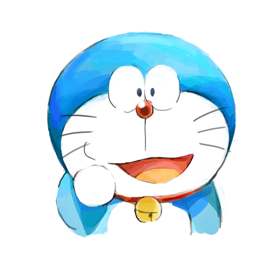 1:1 2020 absurd_res anthro bell blue_body blue_fur collar domestic_cat doraemon doraemon_(character) felid feline felis front_view fur hand_on_face hi_res looking_at_viewer machine male mammal mt_tg open_mouth red_collar red_nose robot shaded simple_background solo tongue whiskers white_background white_body white_fur