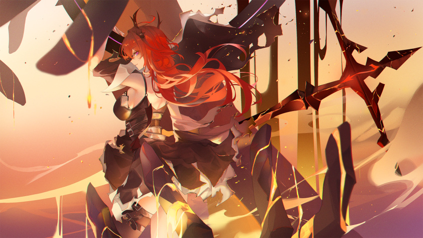 1girl arknights bangs bare_shoulders belt black_dress black_thighhighs blush breasts burnt_clothes closed_mouth cowboy_shot dress from_behind highres holding holding_sword holding_weapon horns huge_weapon large_breasts long_hair looking_at_viewer looking_back molten_rock purple_eyes red_hair sideboob smile solo surtr_(arknights) sword thighhighs turbulence very_long_hair weapon