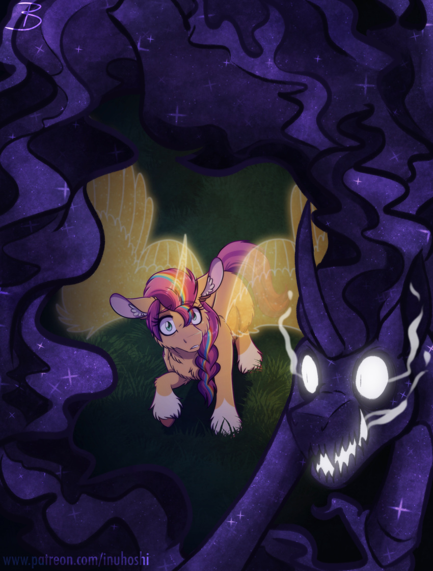 blue_eyes braided_hair braided_ponytail earth_pony equid equine ethereal_horn ethereal_wings female fur hair hasbro hi_res hooves horse inuhoshi-to-darkpen leg_markings mammal markings mlp_g5 my_little_pony orange_body orange_fur pony purple_hair socks_(marking) spirit sunny_starscout_(mlp)