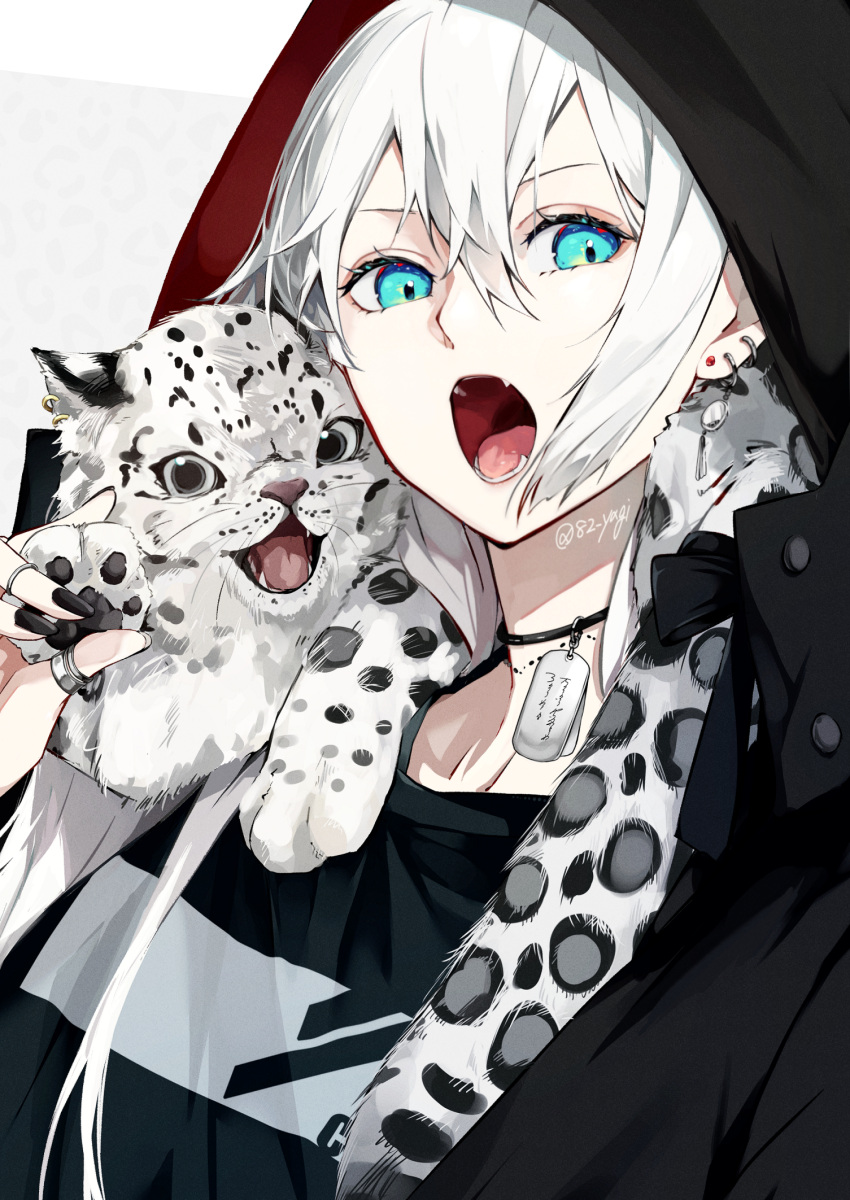 animal_on_shoulder blue_eyes ear_piercing earrings fingernails hair_between_eyes highres hood hood_up jewelry looking_at_viewer open_mouth original piercing ring sharp_fingernails snow_leopard solo teeth twitter_username white_hair yagi_(shiro_yagi)