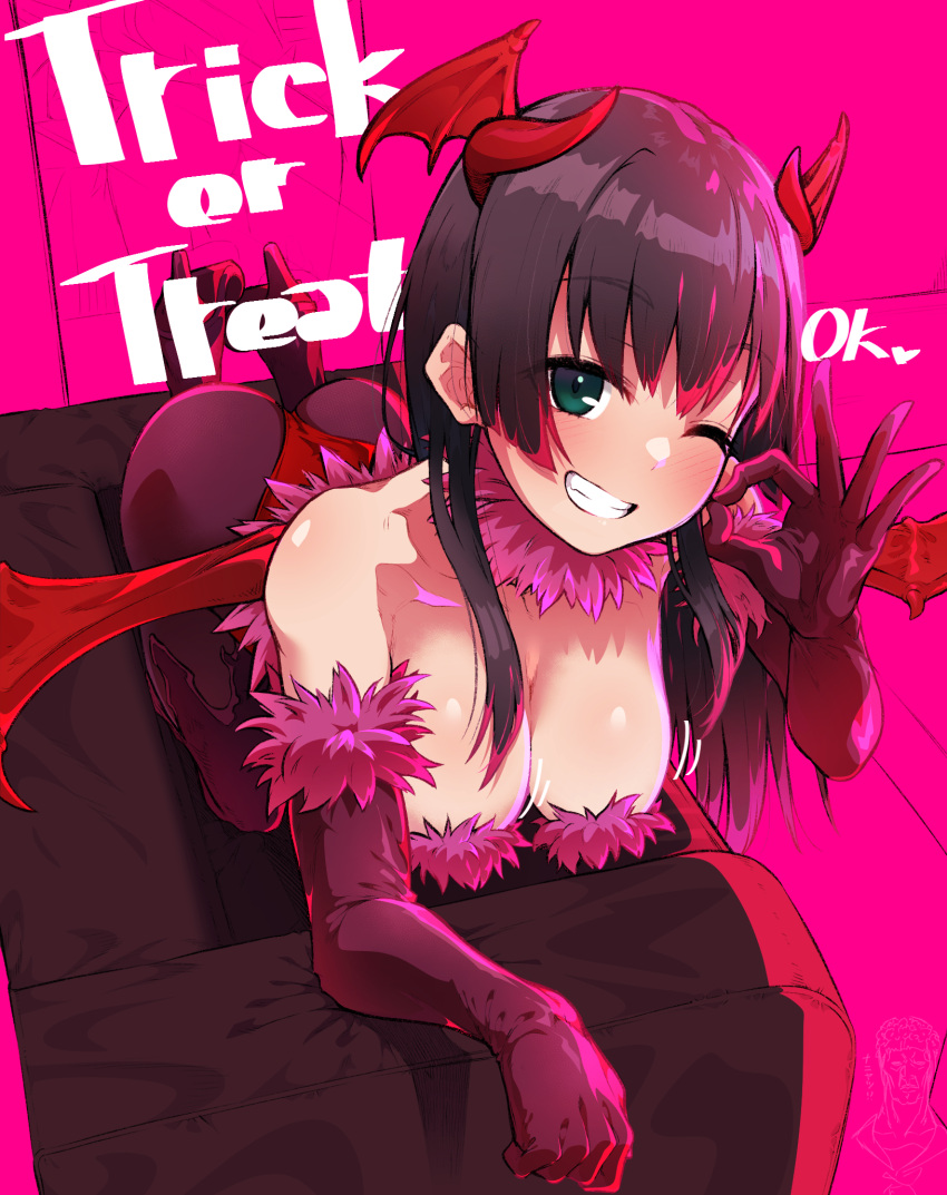 1girl ass bangs black_hair blunt_bangs blush breasts cleavage commentary_request couch demon_costume demon_girl elbow_gloves english_text fur-lined_gloves gloves green_eyes grin halloween halloween_costume head_wings highres irokohaku kneeling large_breasts leaning_forward long_hair ok_sign on_couch one_eye_closed pantyhose saten_ruiko sidelocks simple_background smile solo toaru_kagaku_no_railgun toaru_majutsu_no_index trick_or_treat