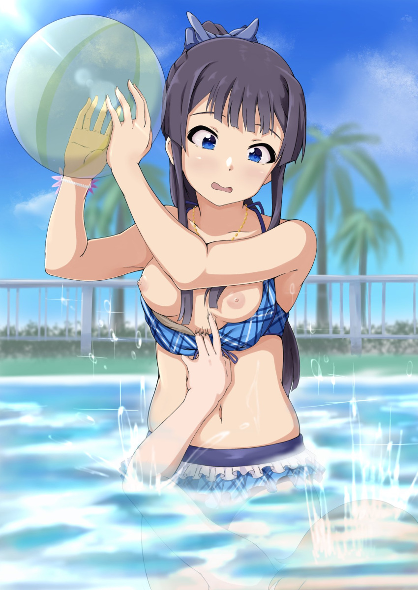 1girl accidental_exposure accidental_pervert ball beachball bikini black_hair blue_eyes breasts highres honokakao idolmaster idolmaster_million_live! idolmaster_million_live!_theater_days long_hair medium_breasts mogami_shizuka nipples open_mouth outdoors palm_tree partially_submerged plaid plaid_bikini ponytail pool solo_focus swimsuit tree unlikely_accident wardrobe_malfunction