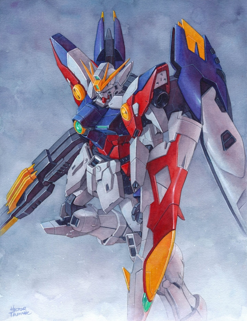 artist_name english_commentary gun gundam gundam_wing hector_trunnec highres holding holding_gun holding_shield holding_weapon looking_down making-of_available mecha mobile_suit no_humans painting_(medium) robot science_fiction shield solo traditional_media v-fin watercolor_(medium) weapon wing_gundam_zero