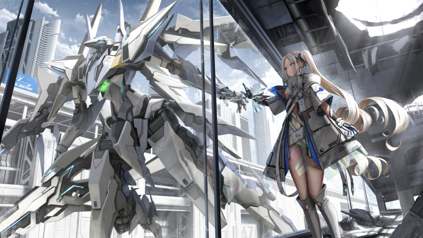 1girl absurdres asymmetrical_gloves black_gloves blonde_hair blue_eyes boots breasts city e.t.e_chronicle earrings flying gloves glowing glowing_eye grey_footwear gun hair_behind_ear highres holding holding_gun holding_weapon jacket jewelry knee_boots long_hair looking_to_the_side mecha mismatched_gloves nihoshi_(bipedal_s) official_art robot science_fiction side_ponytail small_breasts very_long_hair weapon white_gloves white_jacket