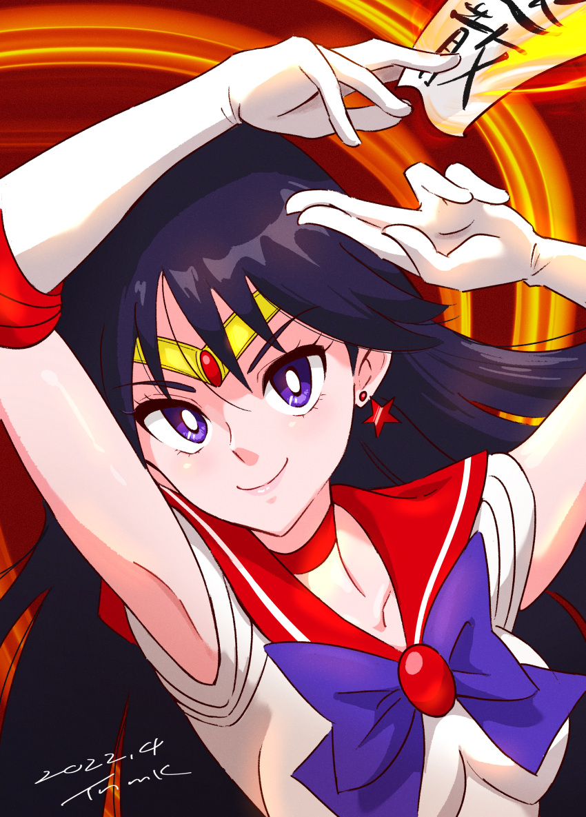 1girl absurdres bishoujo_senshi_sailor_moon black_hair bow choker earrings elbow_gloves gloves highres hino_rei jewelry long_hair purple_eyes red_sailor_collar sailor_collar sailor_mars sailor_senshi_uniform smile solo star_(symbol) star_earrings tsunemoku white_gloves