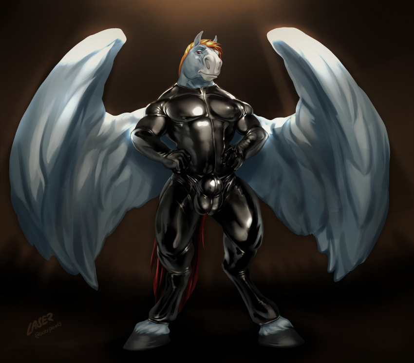 anthro black_hooves blue_body blue_feathers bulge clothing detailed_bulge equid equine feathered_wings feathers front_view full-length_portrait genital_outline hair hi_res hooves laser_(artist) looking_at_viewer male mammal mouth_closed muscular muscular_male orange_eyes orange_hair pecs pegasus portrait pose red_tail rubber rubber_clothing rubber_suit sharp_stallion sheath_outline signature simple_background solo spread_wings standing wings