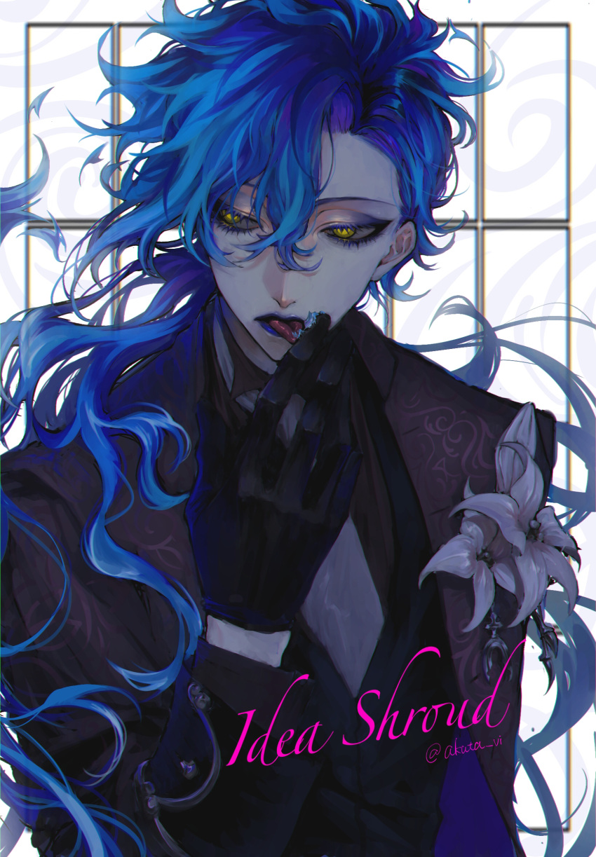 1boy akuta_vi asymmetrical_hair black_gloves blue_eyes blue_lips character_name english_text flower flower_in_pocket gloves hair_between_eyes highres idia_shroud licking licking_finger long_hair open_mouth tongue tongue_out twisted_wonderland yellow_eyes