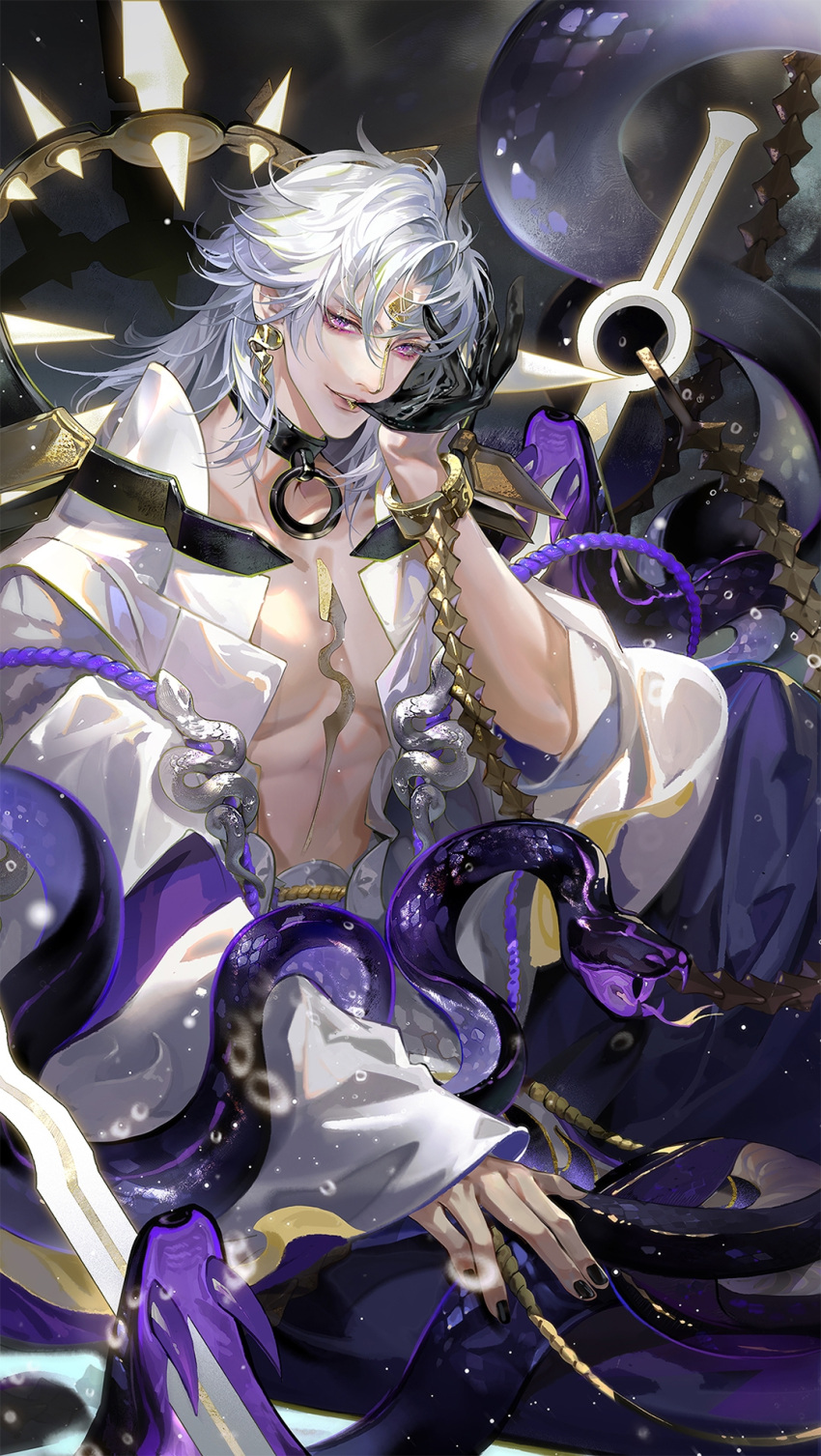 1boy bangs bishounen black_collar black_gloves black_nails bracelet chinese_commentary collar commentary_request cowboy_shot earrings facial_mark forehead_mark from_side glove_in_mouth gloves hand_up highres jewelry kamiochi_orochi long_sleeves looking_at_viewer male_focus medium_hair mouth_hold onmyoji open_clothes open_shirt orochi_(onmyoji) parted_lips pectorals purple_eyes rope seductive_smile shirt single_glove sitting smile snake solo white_hair white_shirt wide_sleeves ye_dian_pika_qiu