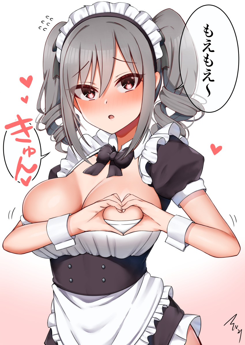 1girl absurdres blush bow bowtie breasts cleavage drill_hair flying_sweatdrops grey_hair heart heart-shaped_boob_challenge highres idolmaster idolmaster_cinderella_girls kanzaki_ranko long_hair looking_at_viewer mabanna maid_headdress purple_eyes simple_background solo translation_request twin_drills white_background