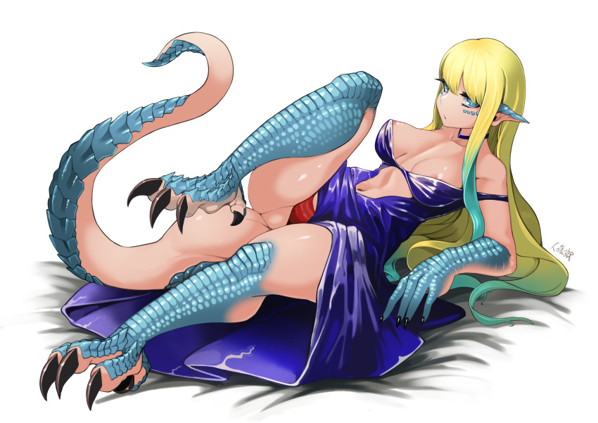 1girl blue_eyes breasts claws commission commissioner_upload dragon dragon_girl dragon_tail dress highres hitokuirou indie_virtual_youtuber large_breasts long_hair looking_at_viewer monster_girl monsterification non-web_source open_mouth pointy_ears solo tail white_background zeta_(vtuber)