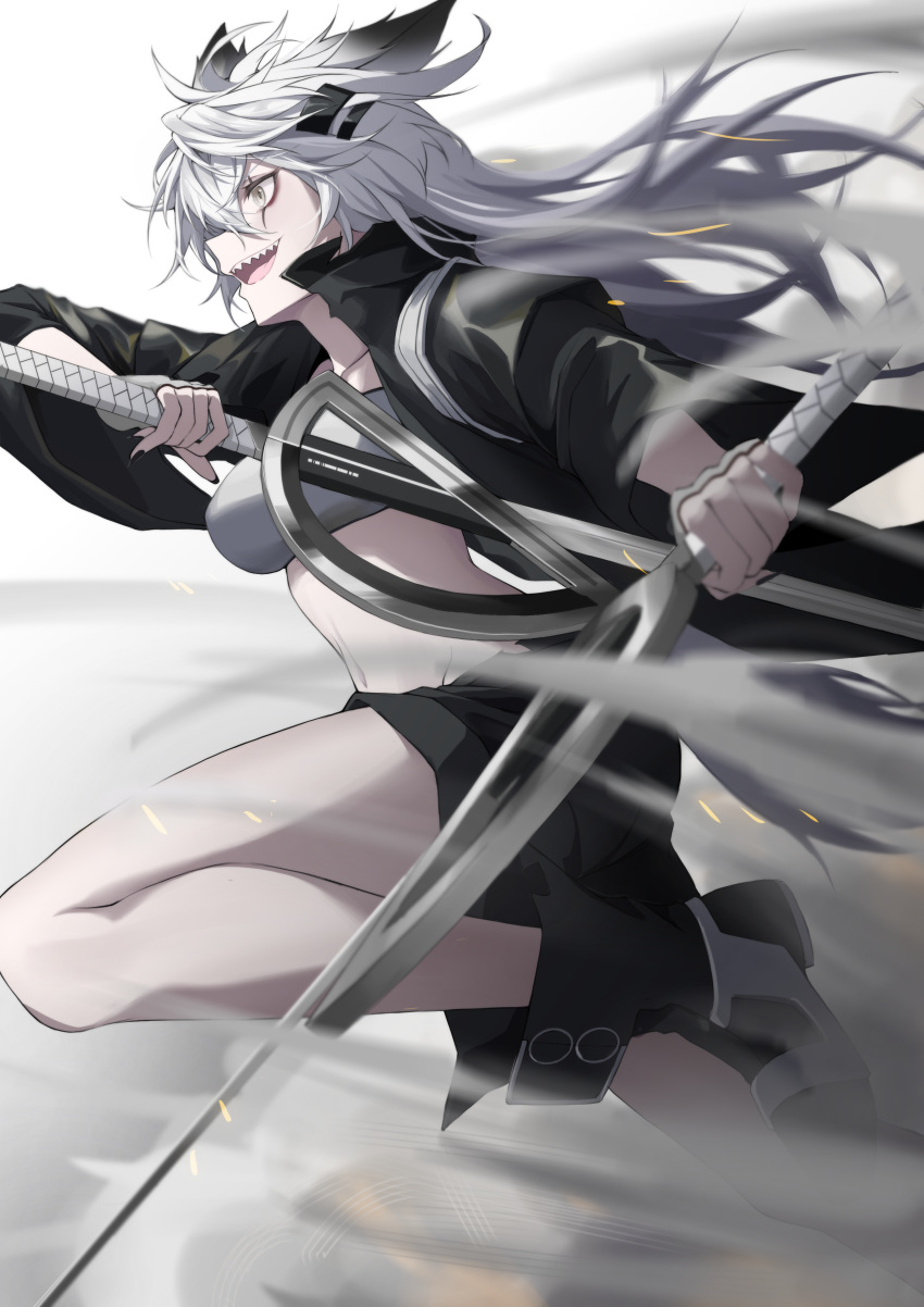 1girl absurdres animal_ears arknights black_footwear black_shorts boots breasts dual_wielding dust from_side gaoqiaoyuyin_takahashi grey_eyes grey_hair highres holding holding_sword holding_weapon knee_boots lappland_(arknights) long_hair long_sleeves medium_breasts navel open_mouth running scar scar_across_eye scar_on_face sharp_teeth shorts solo strapless sword tail teeth tube_top upper_teeth very_long_hair weapon wolf_ears wolf_girl wolf_tail