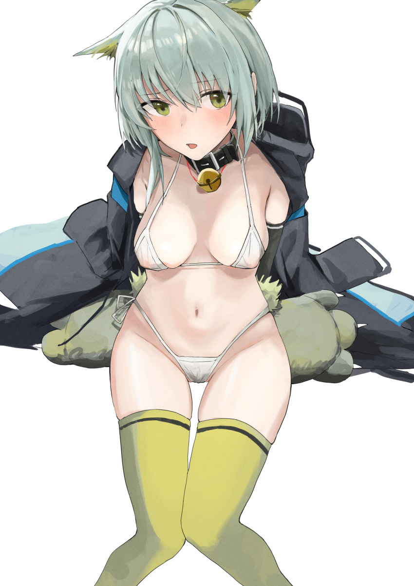 1girl :o absurdres animal_ear_fluff animal_ears arknights bangs bell bikini black_coat blush breasts cat_ears cleavage coat collar commentary_request covered_nipples feet_out_of_frame green_eyes green_thighhighs grey_hair highres jingle_bell kal'tsit_(arknights) looking_at_viewer medium_breasts neck_bell open_clothes open_coat open_mouth pillow short_hair simple_background sitting solo swimsuit thighhighs white_background white_bikini yunkkker