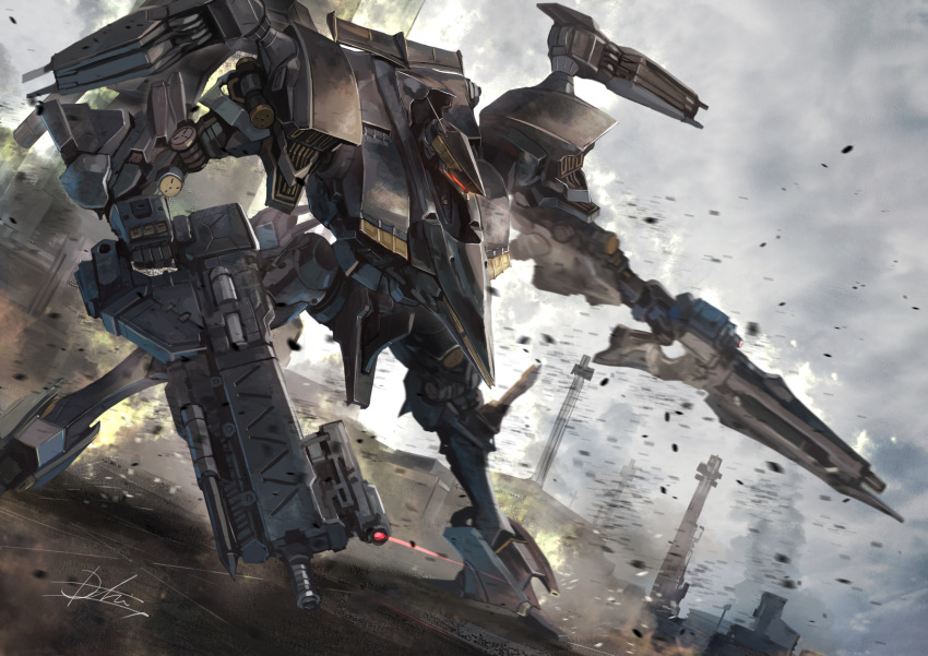 armored_core armored_core_4 assault_visor cloud cloudy_sky dual_wielding dust glowing gun highres holding holding_gun holding_weapon hukutuuprunes mecha no_humans robot science_fiction signature sky supplice weapon